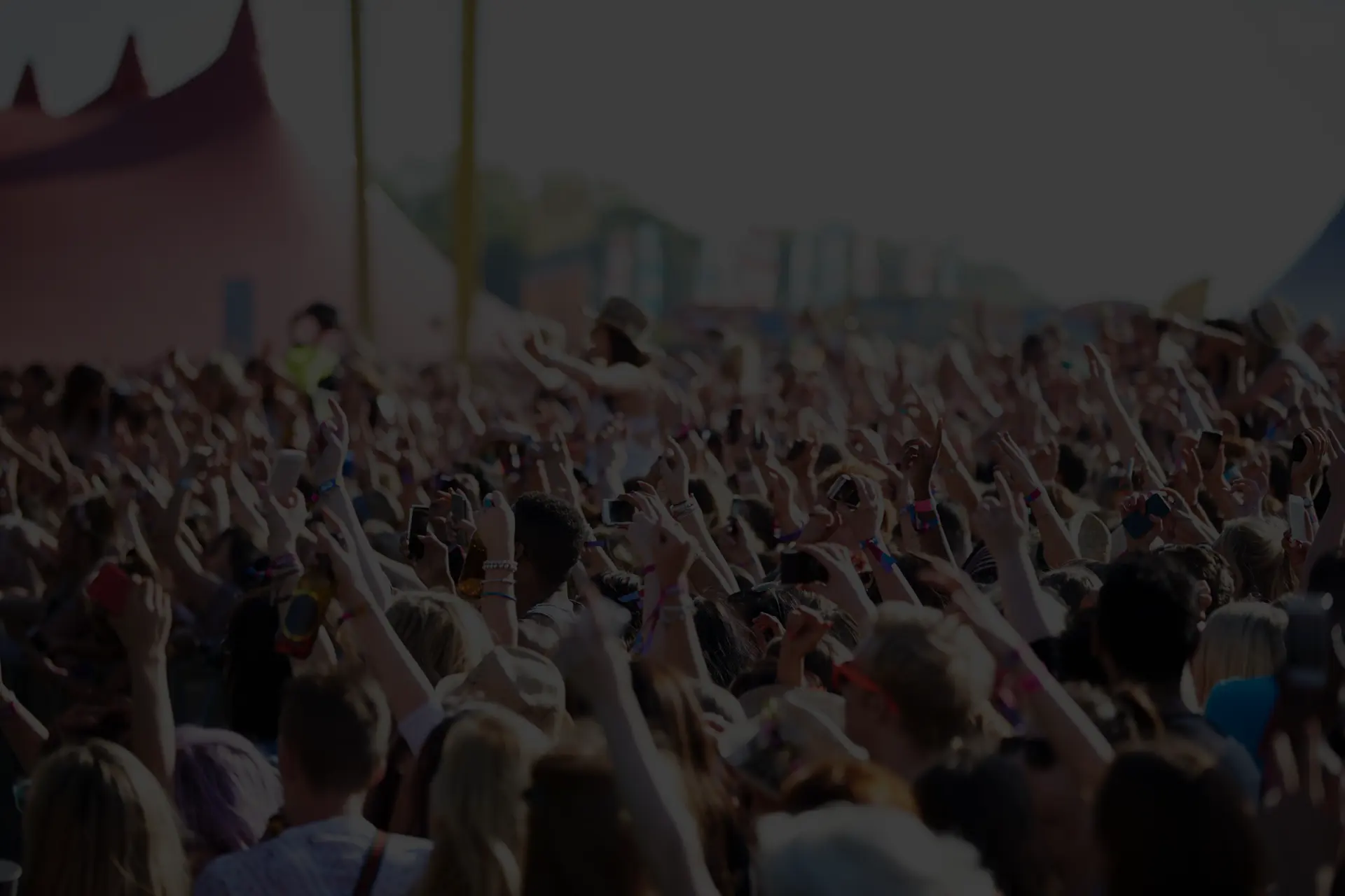 A massive festival crowd with hands raised at an Irish outdoor music festival